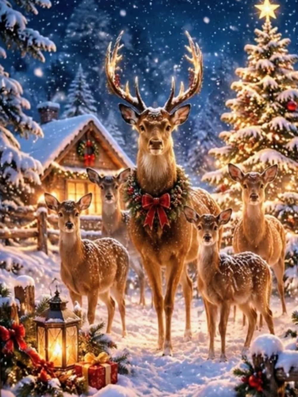 Holiday Woodland Deer Canvas Print - Brown Christmas Wall Art 8x10